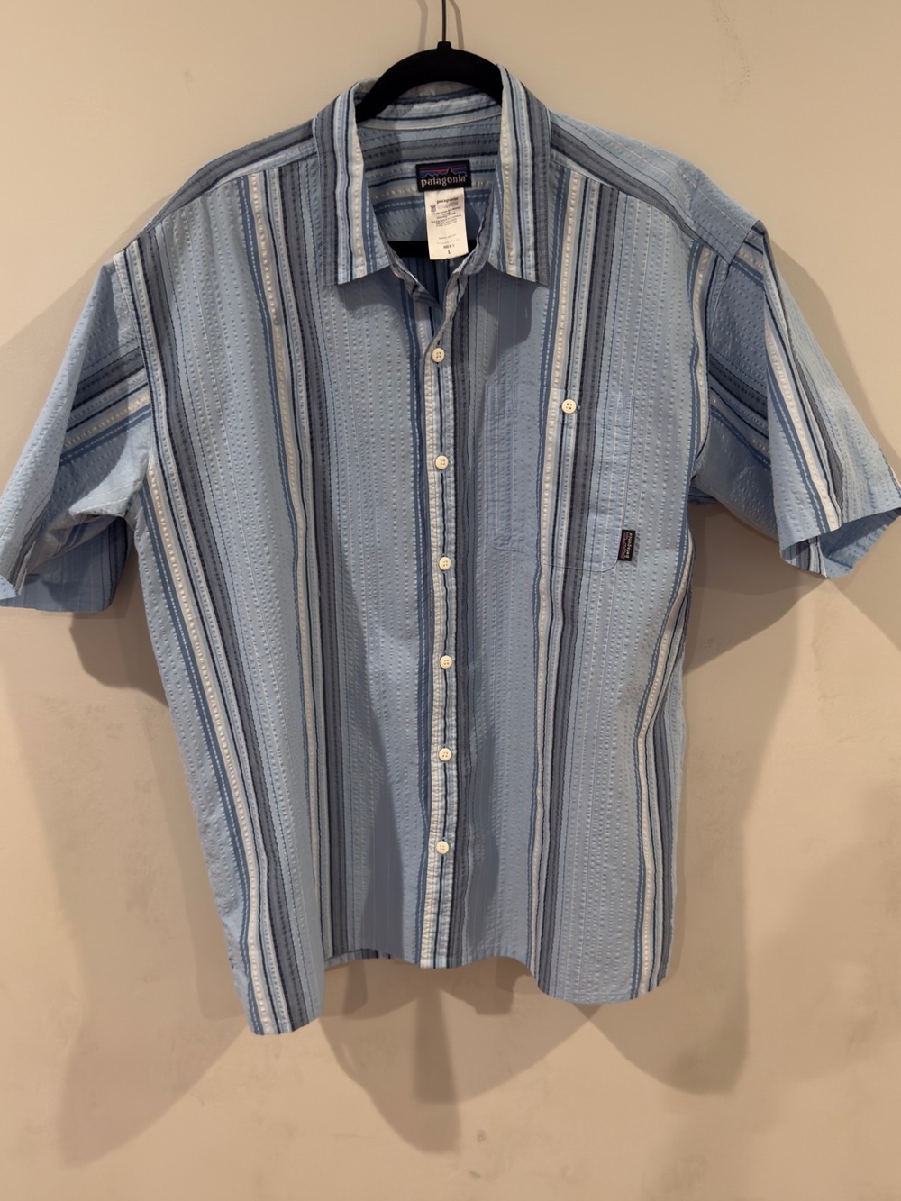 Patagonia Light Blue and White Striped Short-Sleeve Button-Down Shirt